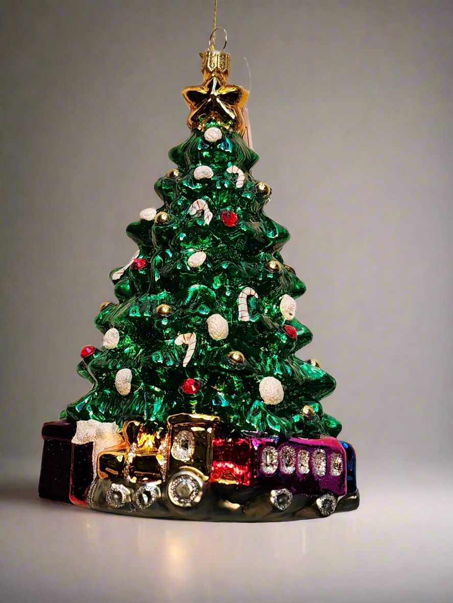 European Glass Christmas ornament of a Christmas Tree with Trains (Z)