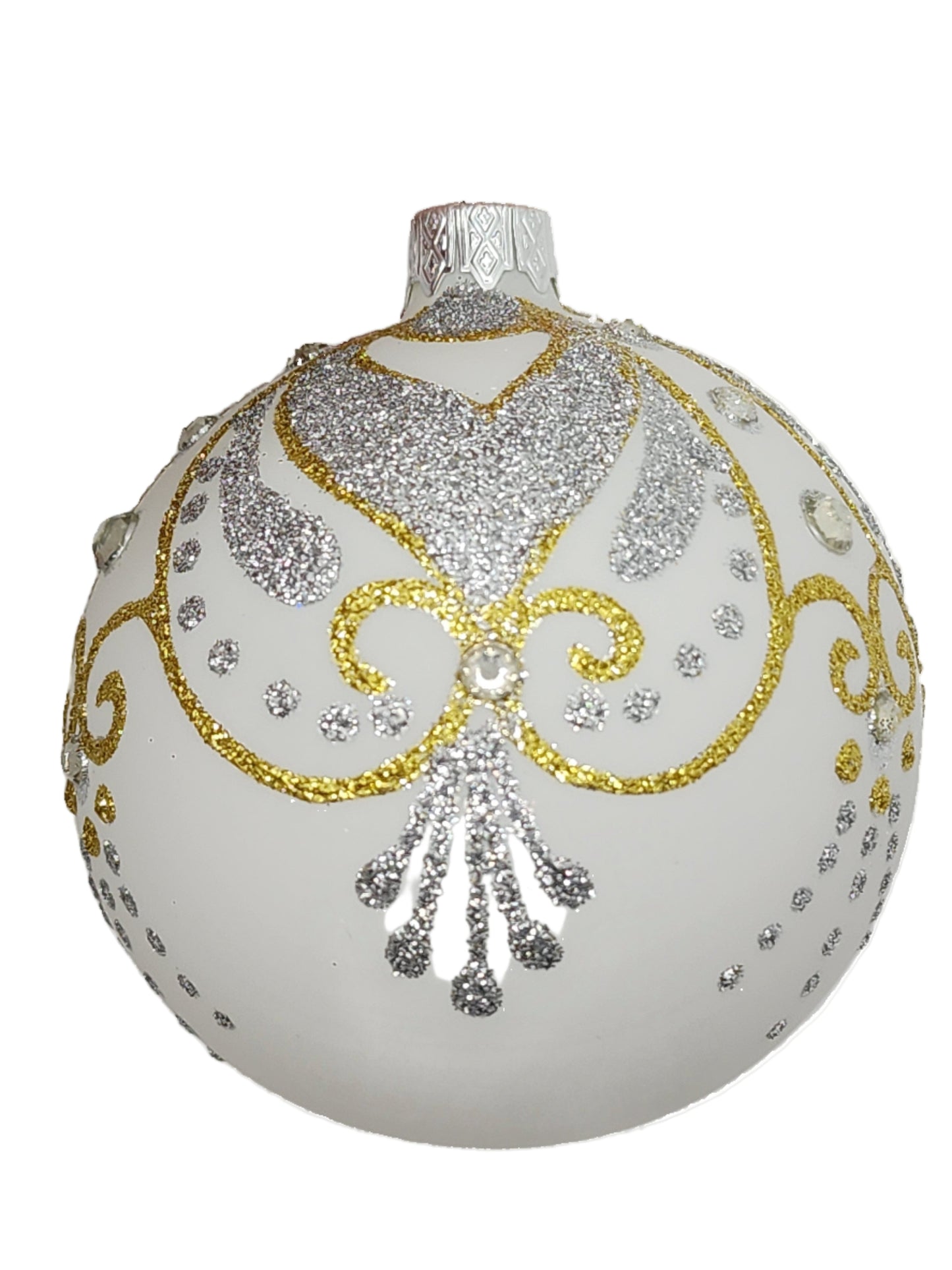 Decorative Christmas ball ornament with gold and silver decorations against a white background