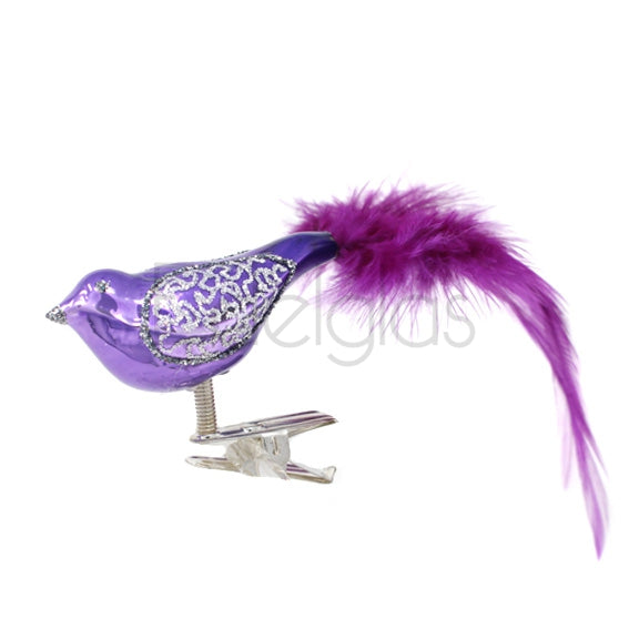 European Glass Christmas ornament of a Birds on Clip (I) | Large Feather Tail