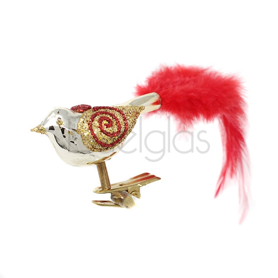 European Glass Christmas ornament of a Birds on Clip (I) | Large Feather Tail