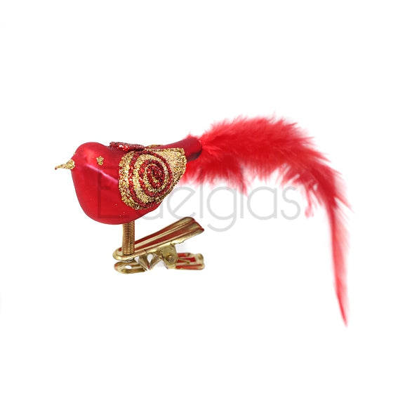 European Glass Christmas ornament of a Birds on Clip (I) | Large Feather Tail