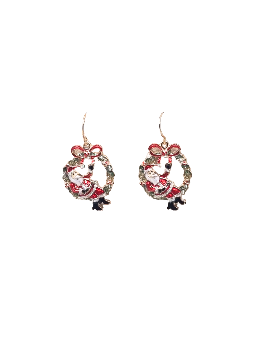 European Glass Christmas ornament of a Santa In Wreath | Earrings