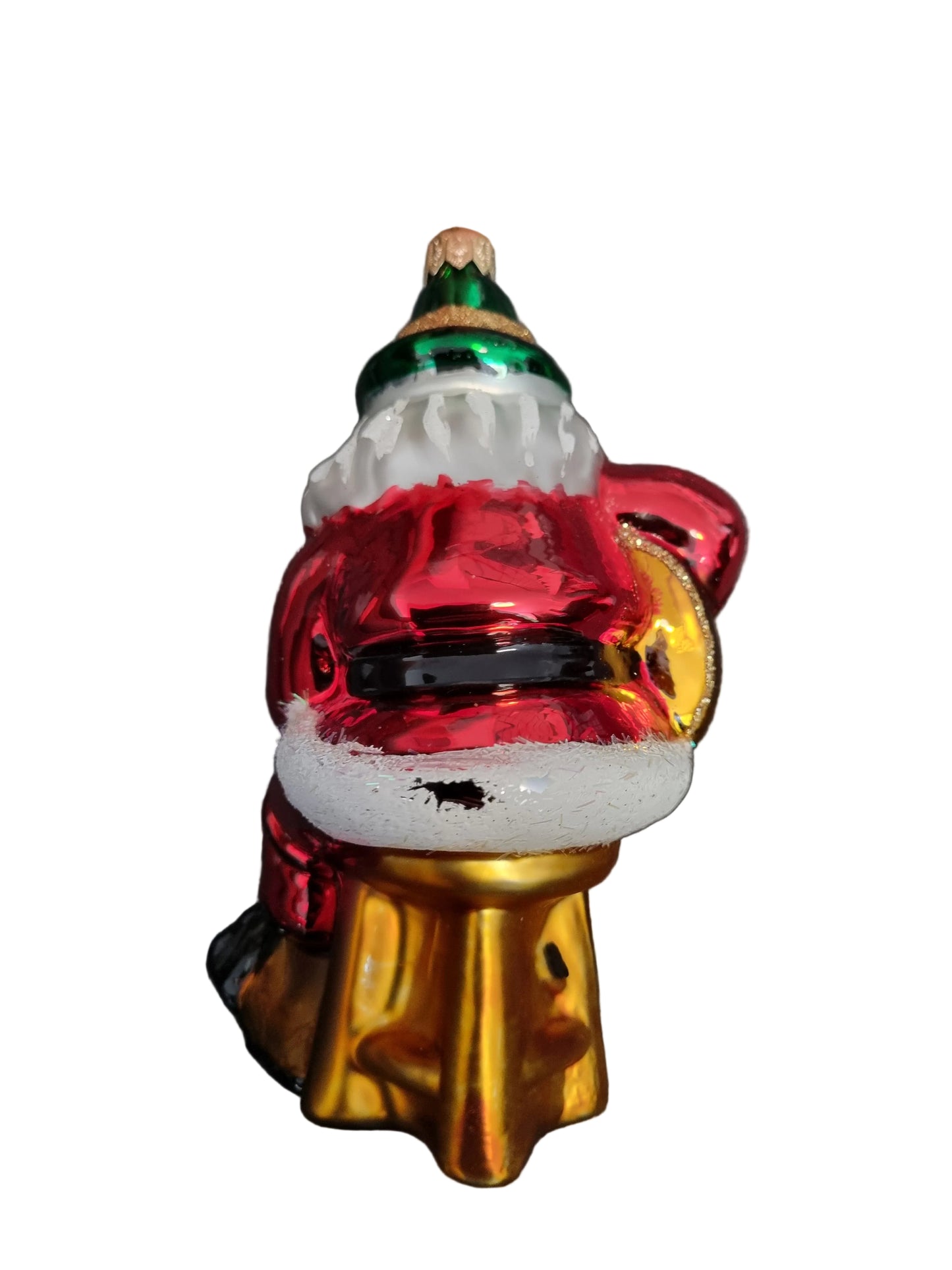Handmade European glass ornament of Santa wearing sunglasses with a guitar