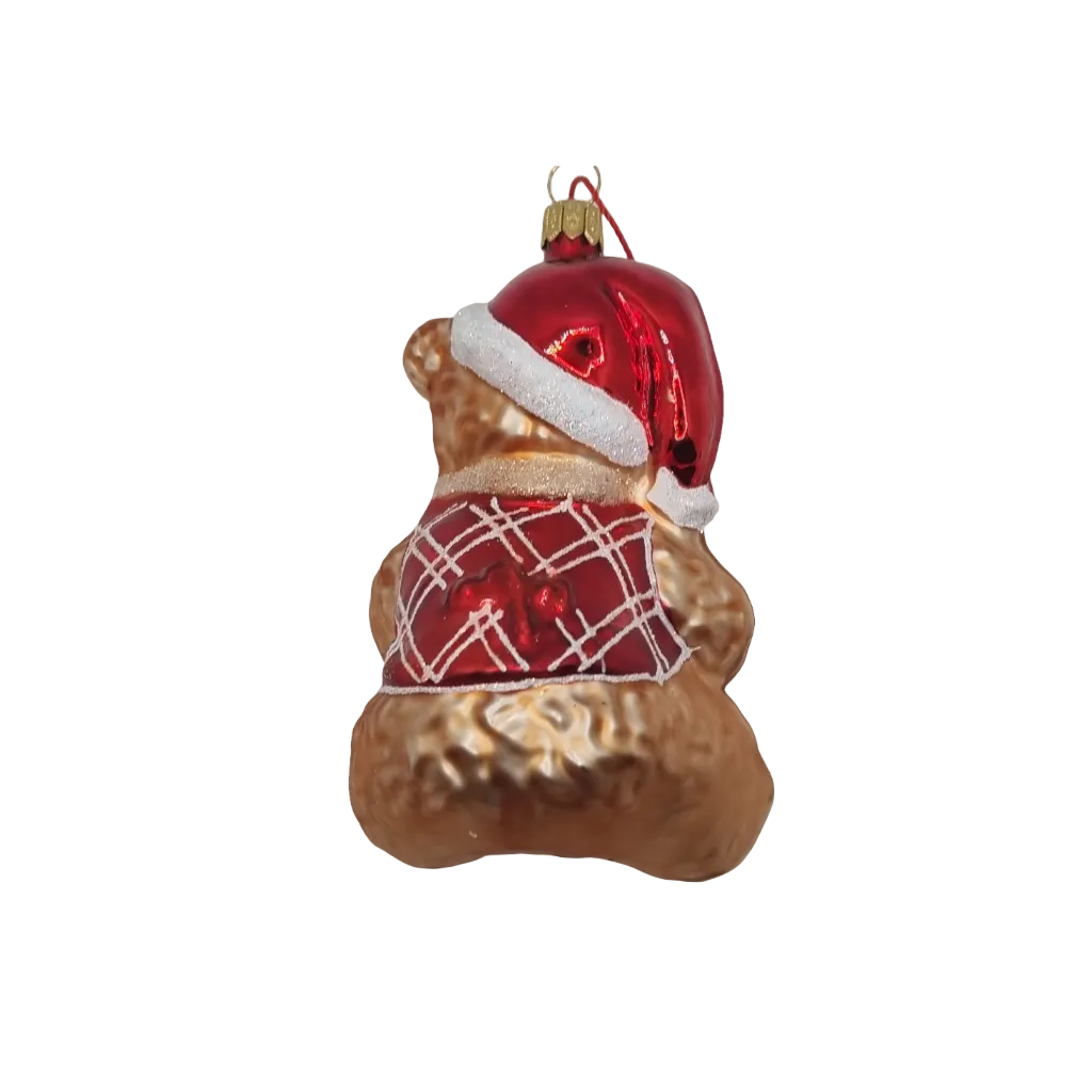 European Glass Christmas ornament of a Bear | Teddy Bear with Drum & Santa Hat (Q)