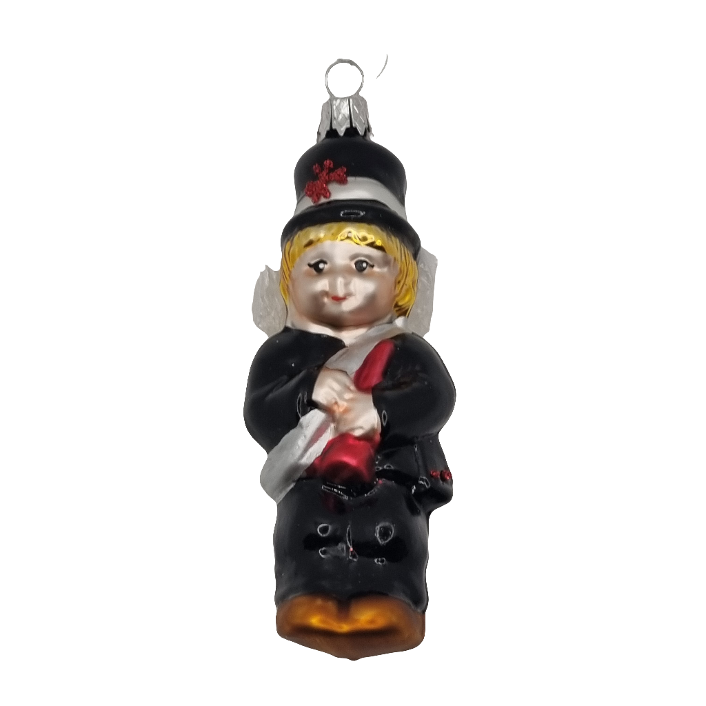 European Glass Christmas ornament of a Boy | with White Hat Gold Sash (G)