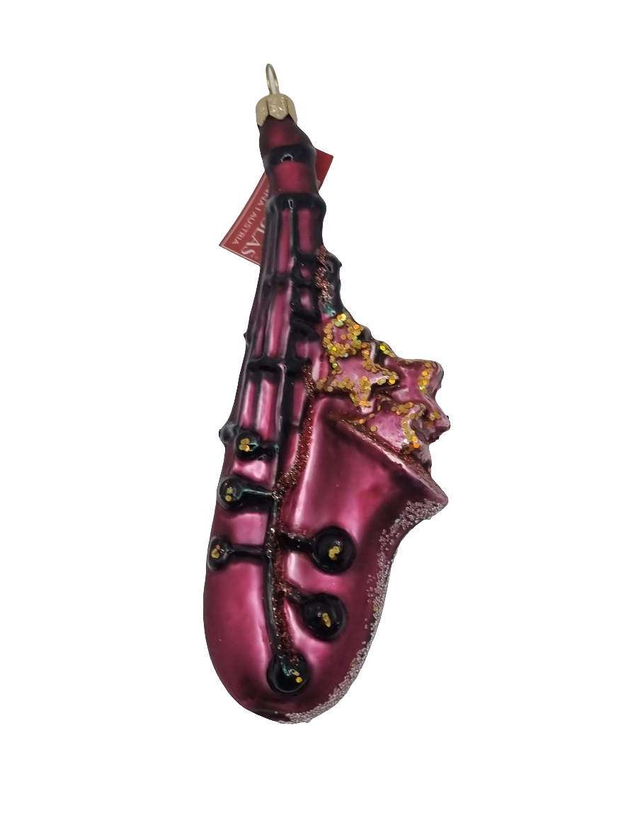 European Glass Christmas ornament of a Saxophone (U)