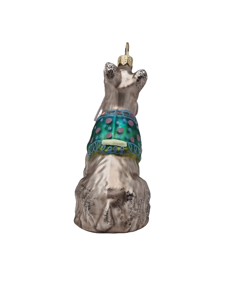 European Glass Christmas ornament of a Dog Terrier in Jacket (R)