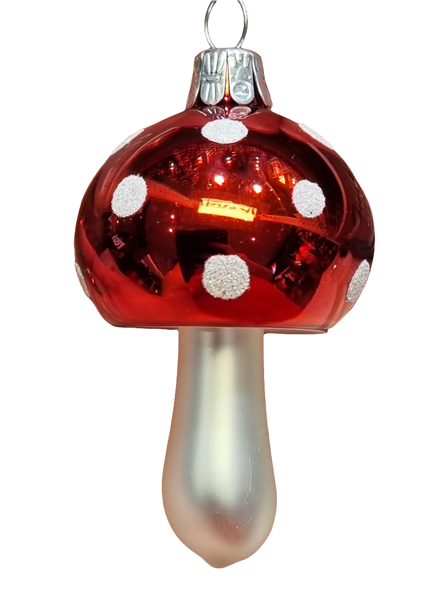 European Glass Christmas ornament of a Mushroom | Assorted Design with Red Cap & White Stem (F)
