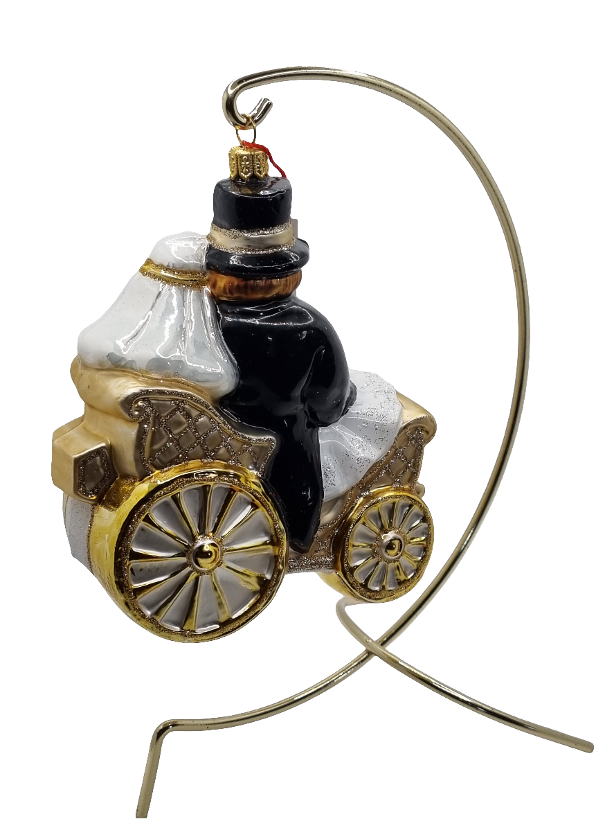 European Glass Christmas ornament of a Bridal Couple In Wedding Carriage (Y)