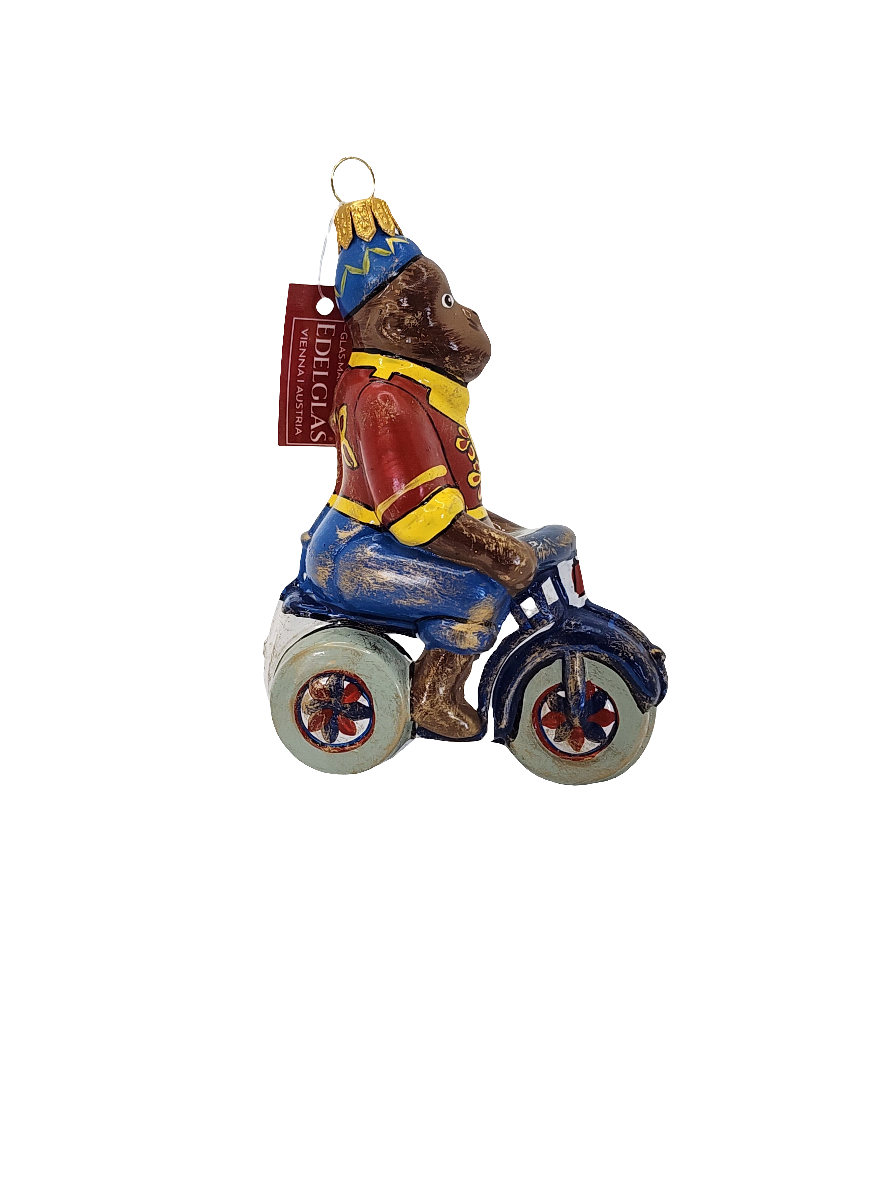 European Glass Christmas ornament of a Monkey motorbike circus (R)