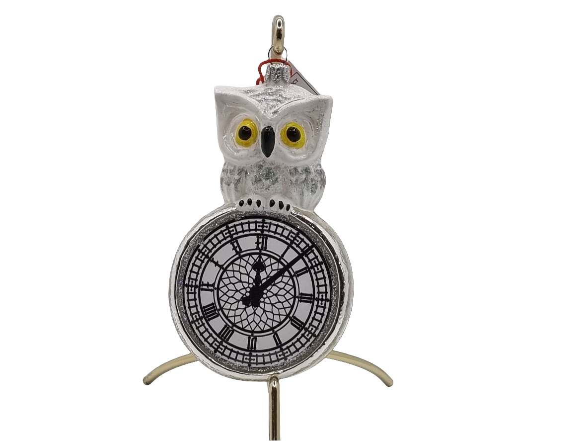 European Glass Christmas ornament of a Owl on clock (U)