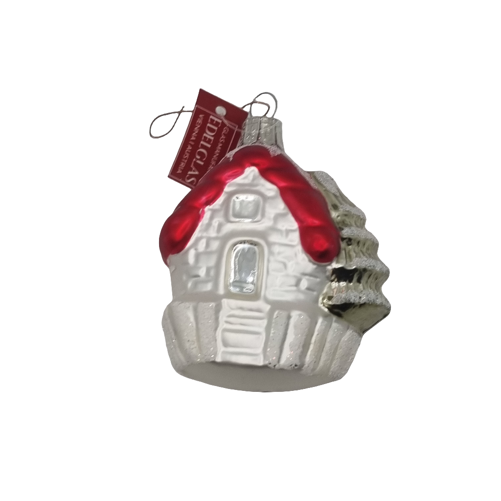 European Glass Christmas ornament of a House with Christmas Tree (J)