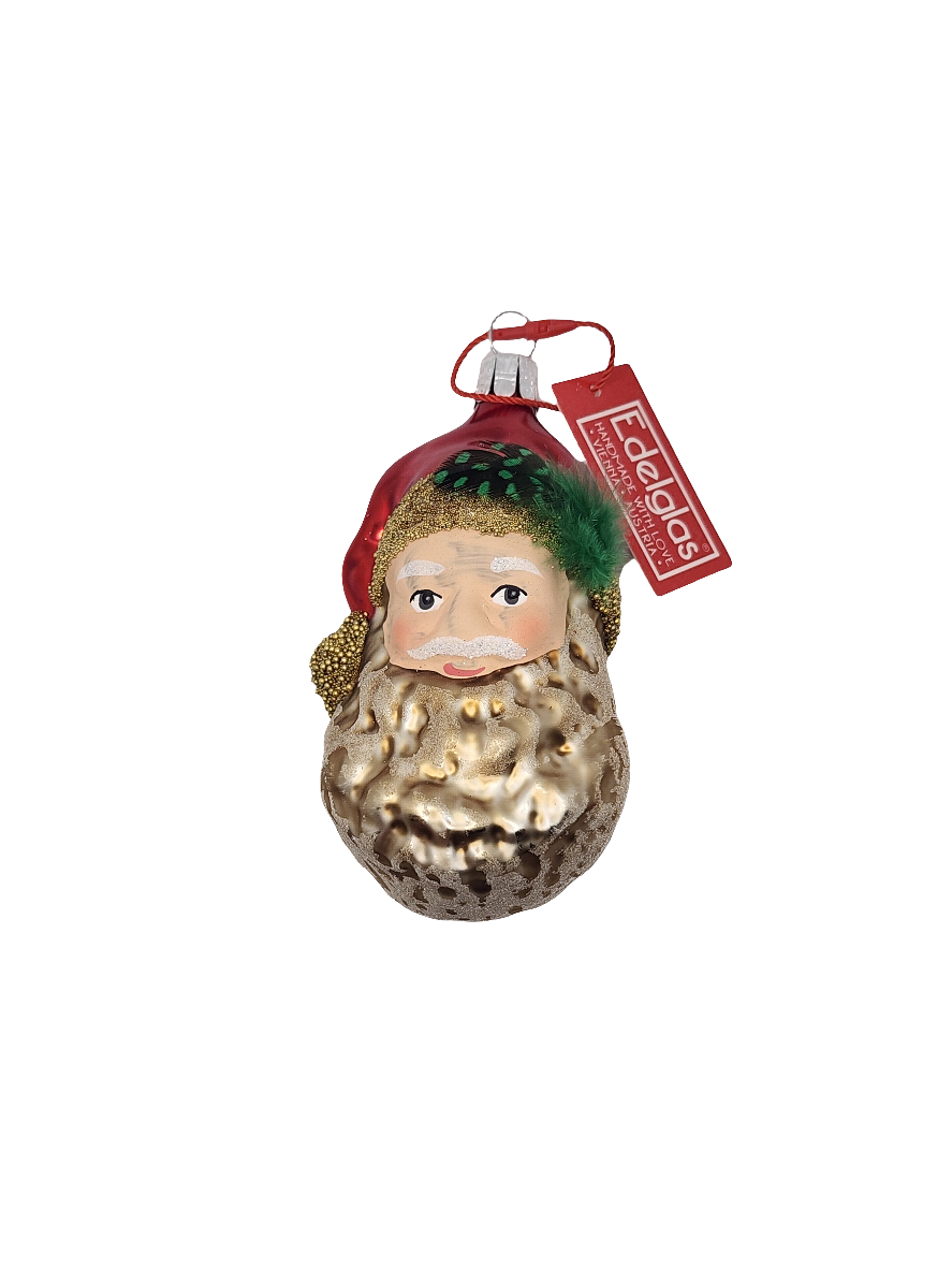European Glass Christmas ornament of a Santa Head | Frosted with Feather (Q)