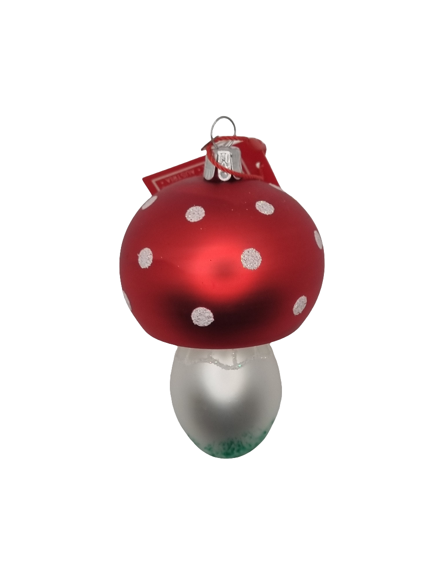 European Glass Christmas ornament of a Mushroom | Assorted Design with Red Cap & White Stem (F)