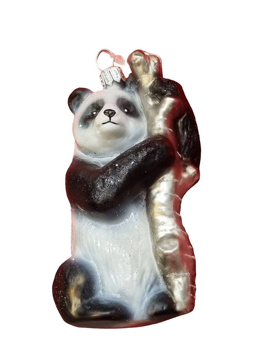 European Glass Christmas ornament of a Panda with Branch (V)