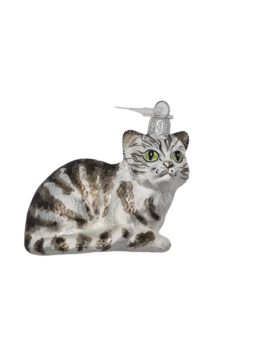 European Glass Christmas ornament of a Cat | White with Grey Stripes (R)