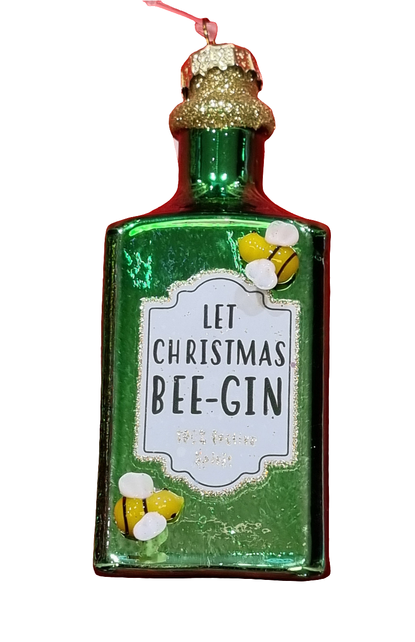 European Glass Christmas ornament of a Gin Bottle | Let Christmas Bee-Gin Bottle with Bees (J)
