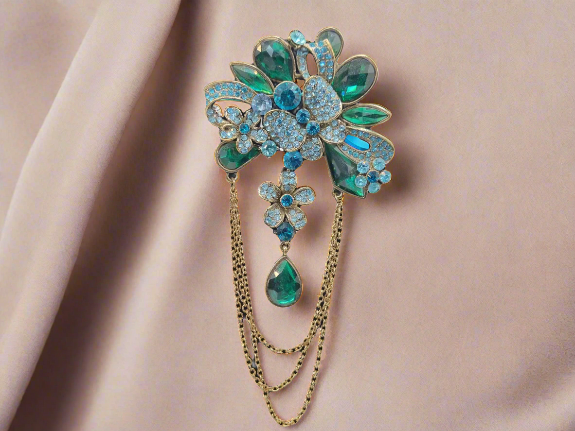 European Glass Christmas ornament of a Blue & Green Crystal Flower with Gold Chain | Brooch VII