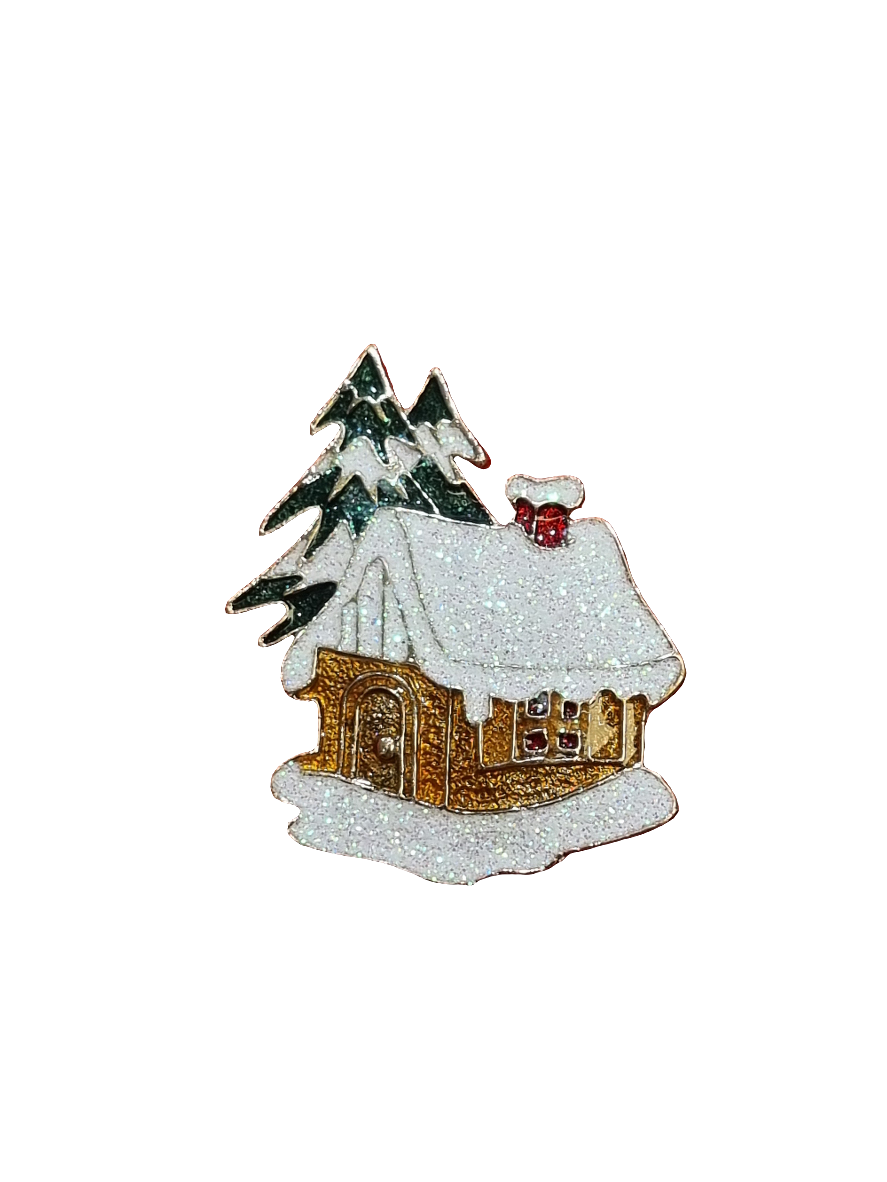 European Glass Christmas ornament of a Snowy House with Tree | Brooch V