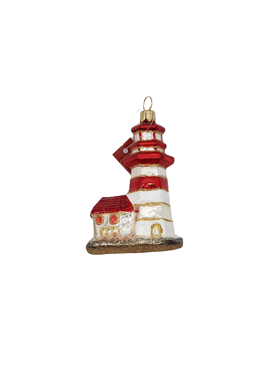 European Glass Christmas ornament of a Lighthouse with house (L)