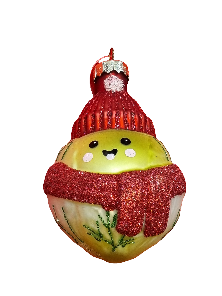 European Glass Christmas ornament of a Cute Brussel Sprout in Scarf & Beanie (H)