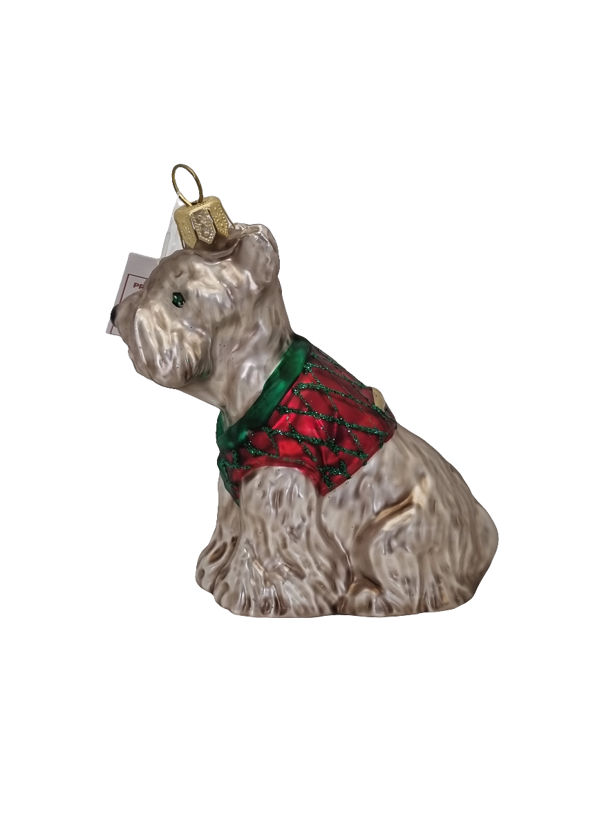 European Glass Christmas ornament of a Dog Terrier in Jacket (R)