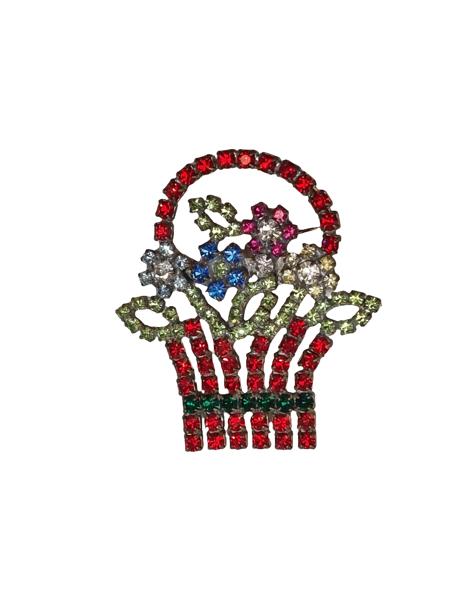 European Glass Christmas ornament of a Red Crystal Flower Basket | Brooch V