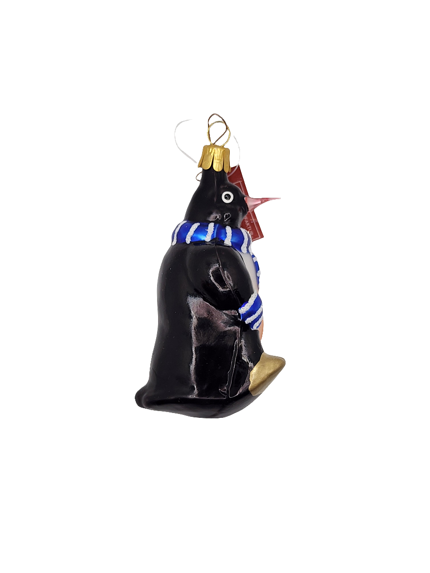 European Glass Christmas ornament of a Penguin scarf blue (Q)