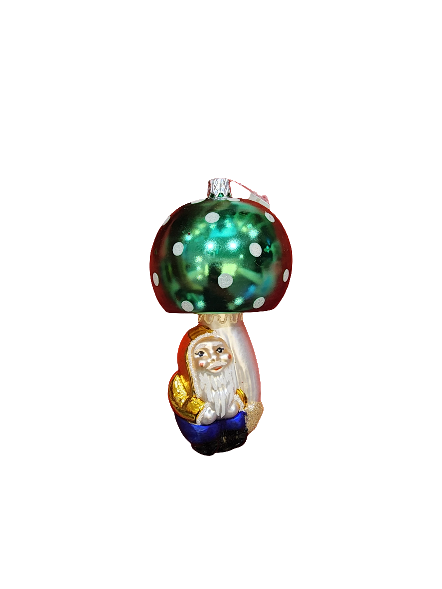 European Glass Christmas ornament of a Mushroom Large with Gnome (K)