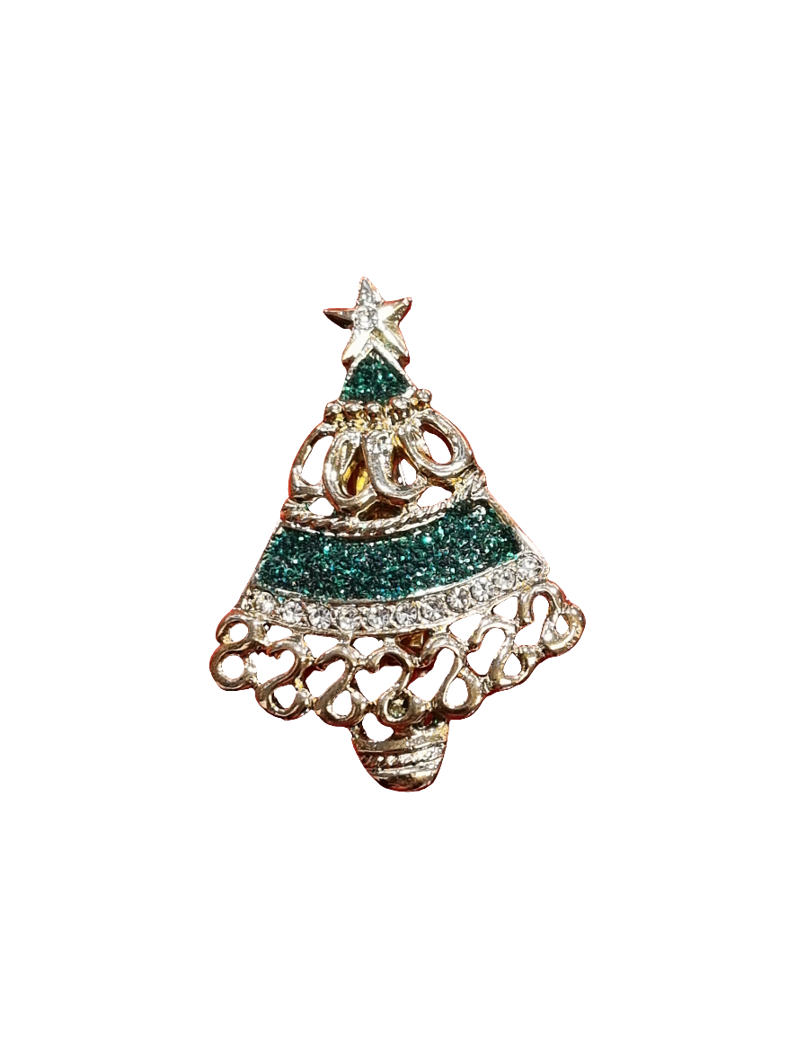 European Glass Christmas ornament of a Loopy Gold Tree with Green Sparkle | Brooch V