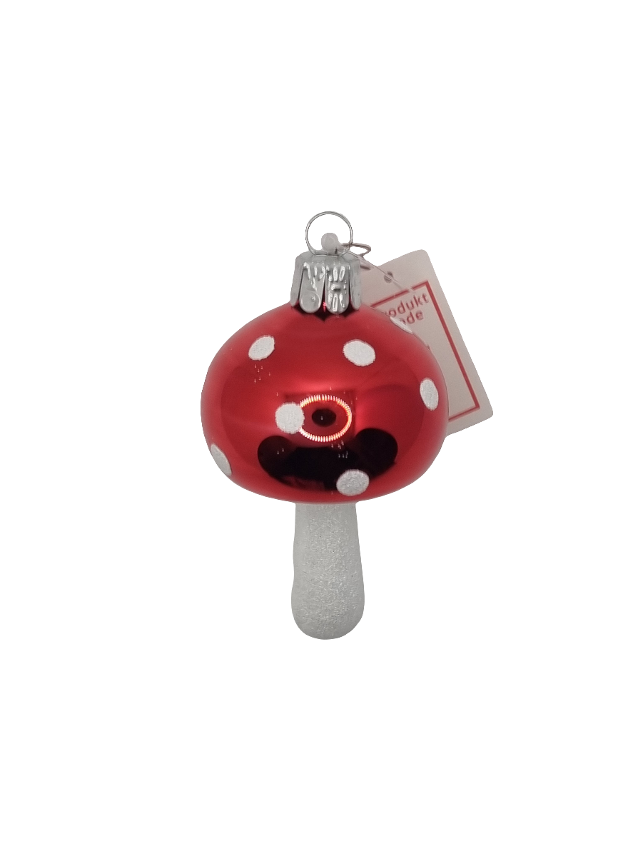 European Glass Christmas ornament of a Mushroom | Assorted Design with Red Cap & White Stem (F)