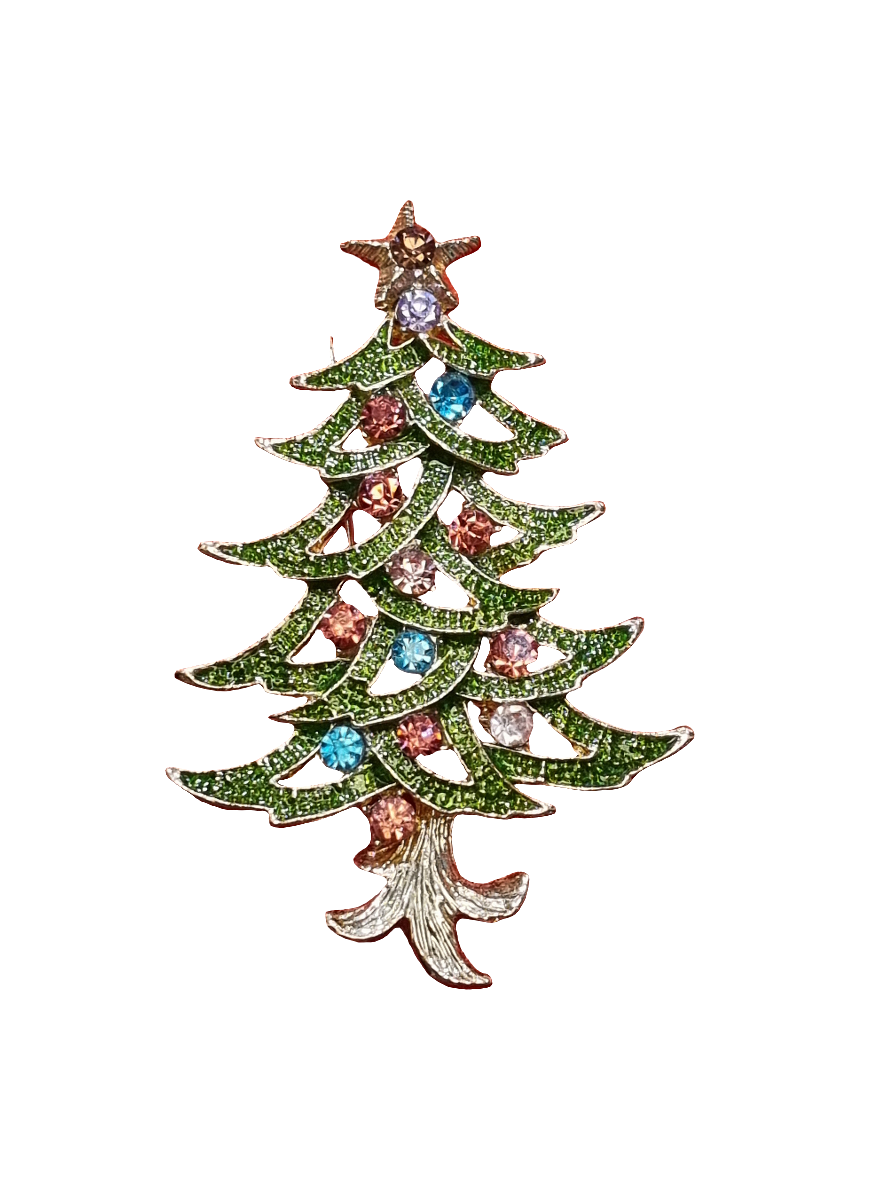 European Glass Christmas ornament of a Light Green Tree with Colouful Crystal Baubles | Brooch V