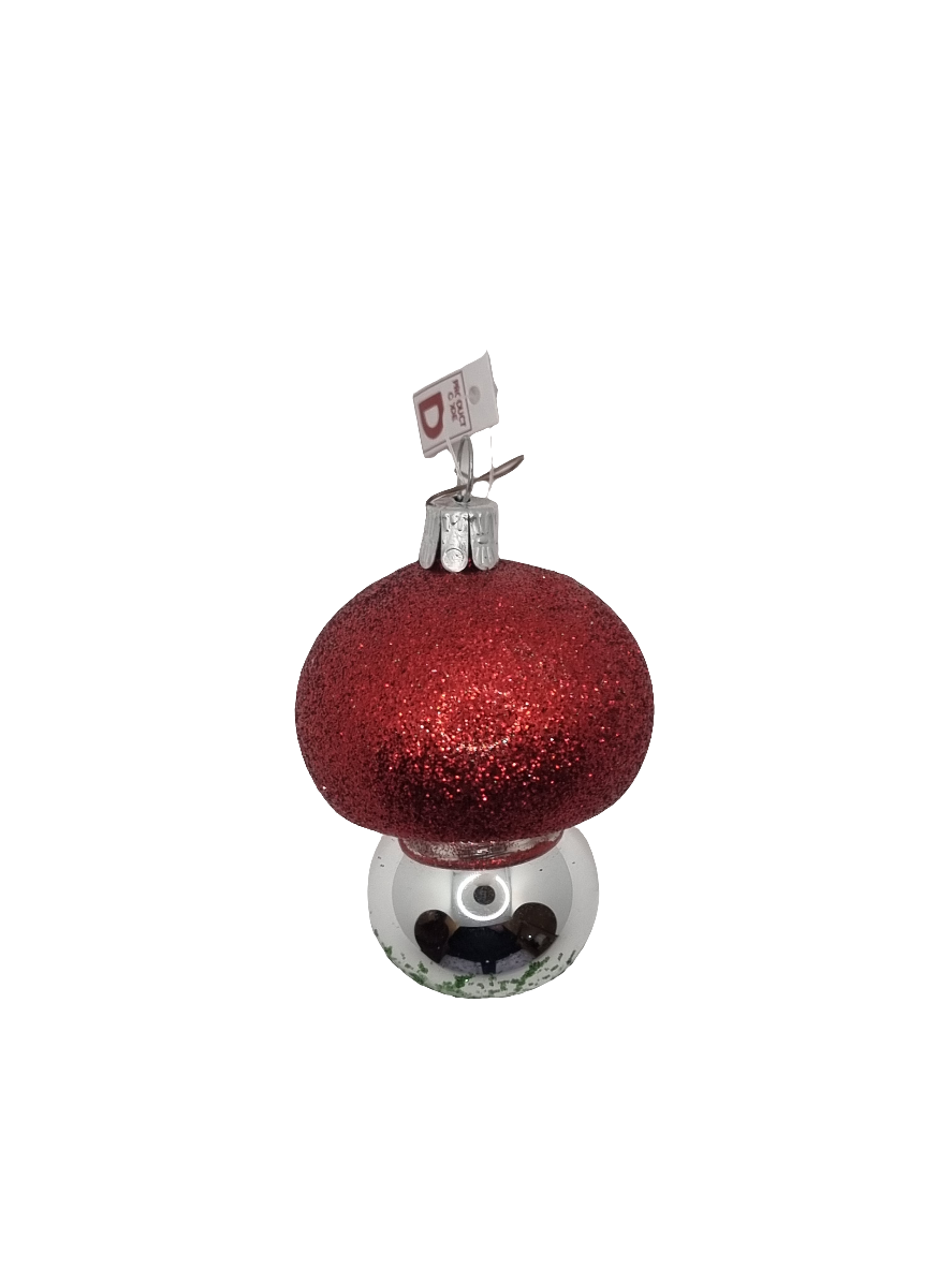 European Glass Christmas ornament of a Mushroom Red Sparkle Silver Stem Short (D)