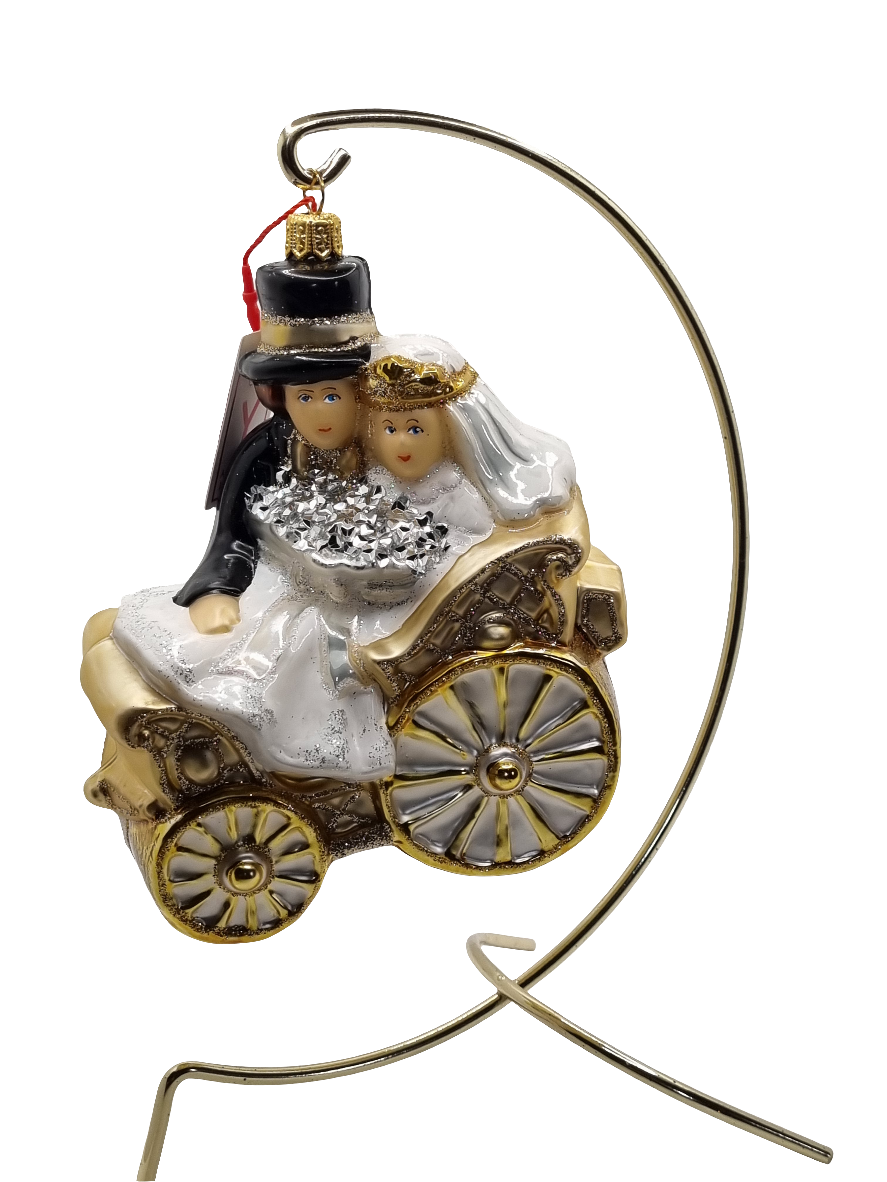European Glass Christmas ornament of a Bridal Couple In Wedding Carriage (Y)