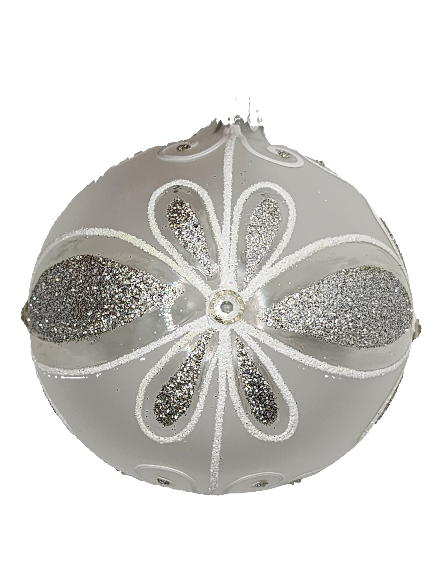 Decorative ornament with silver glittery design against a light gray background