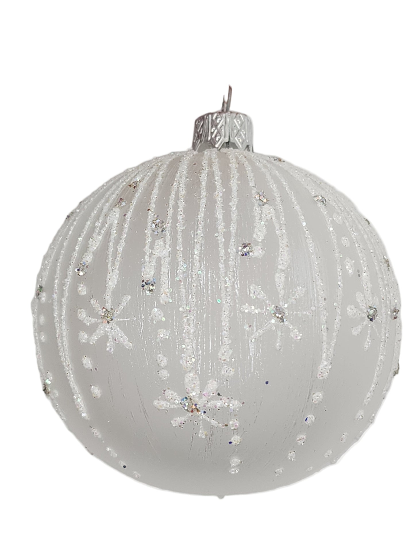 Decorative Christmas ball with snowflake patterns against a white background
