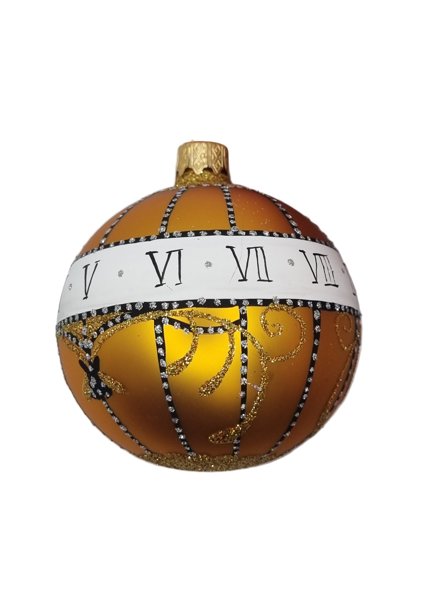 Decorative gold ornament with Roman numeral design on a white background
