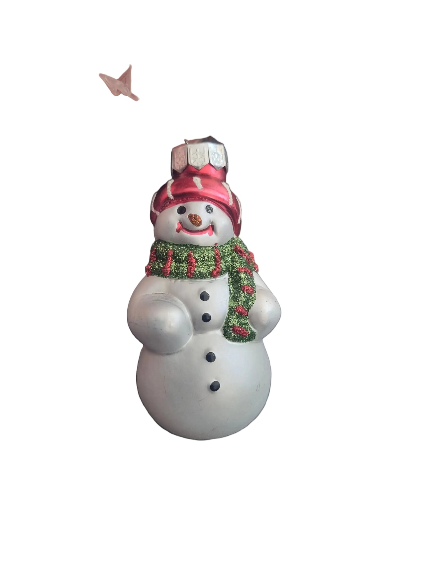 Decorative snowman ornament with a red scarf