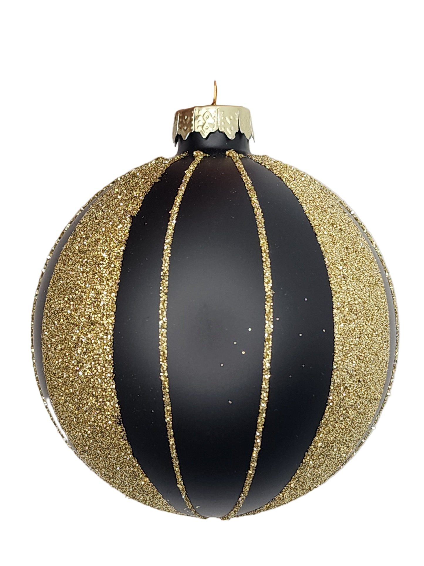 Gold and black striped ornament against a white background