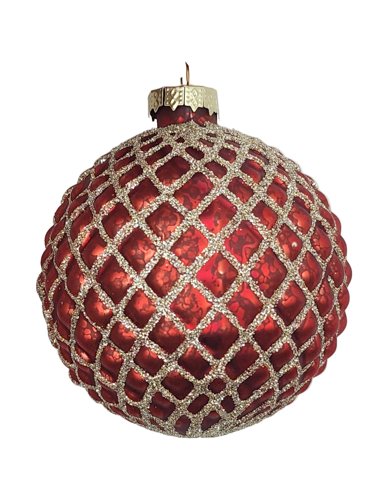 Red ornament with gold lattice pattern against a white background