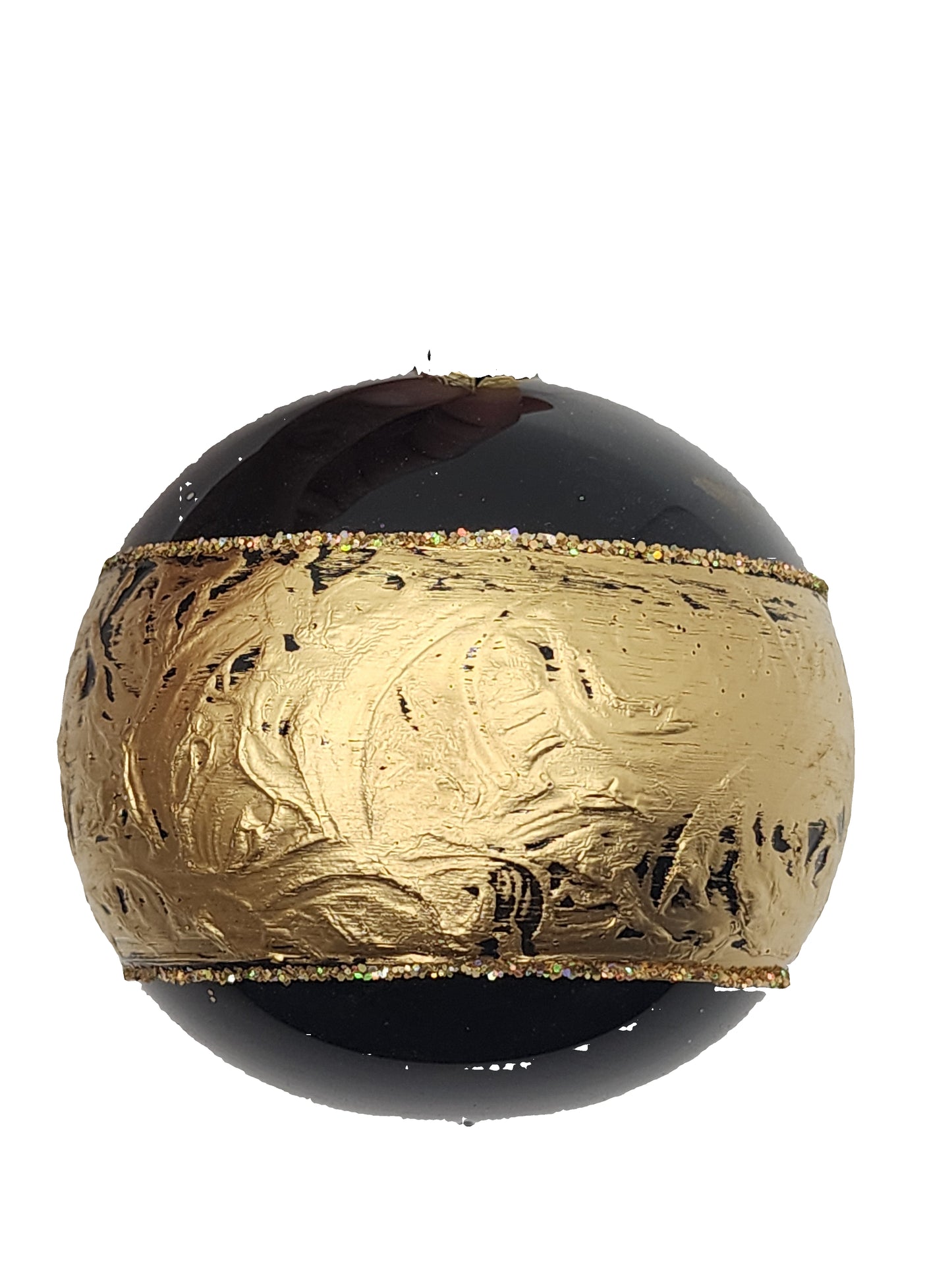 Black bottle with gold decorative cap on a light gray background