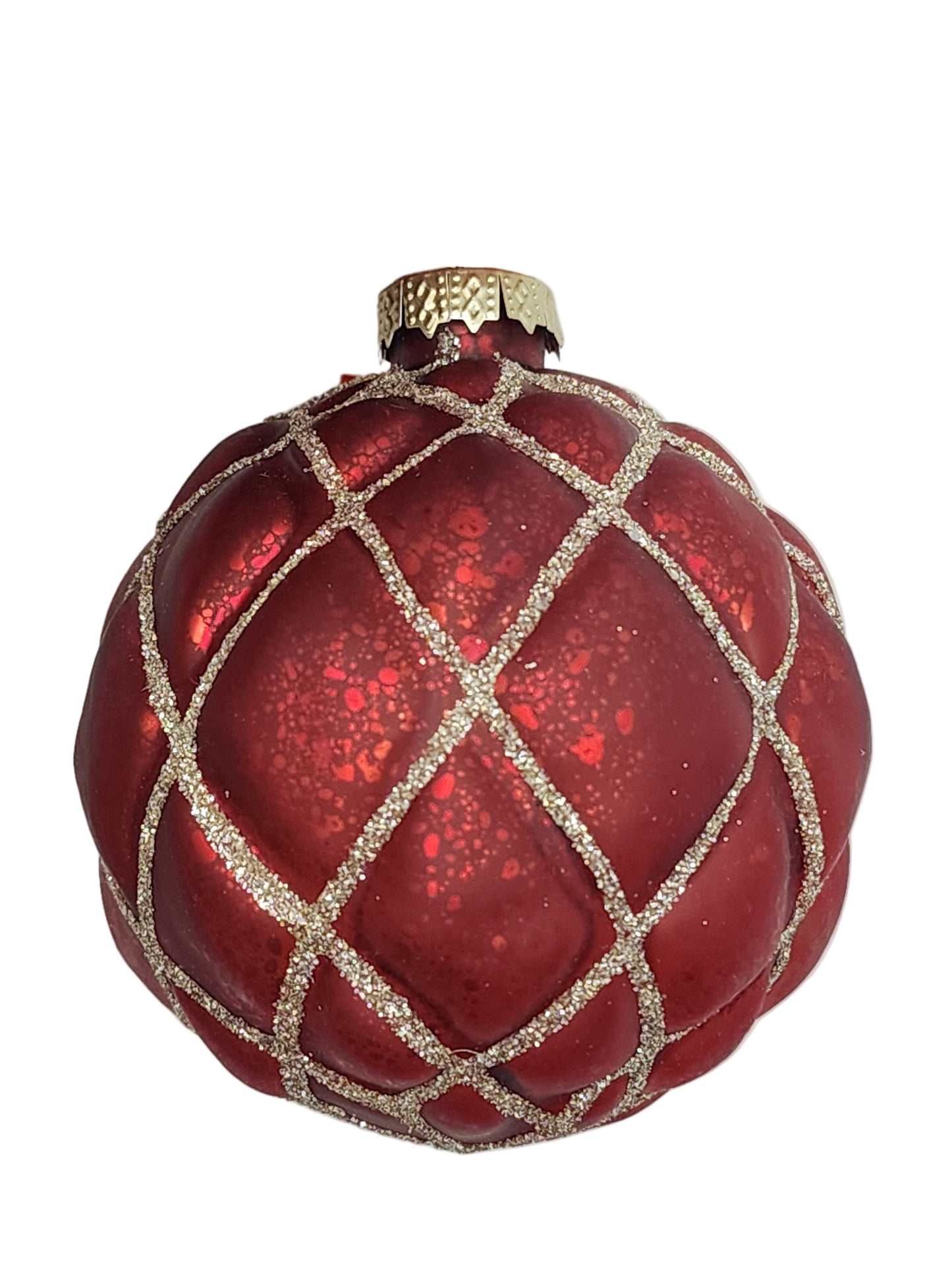 Red Christmas ornament with gold grid pattern against a white background