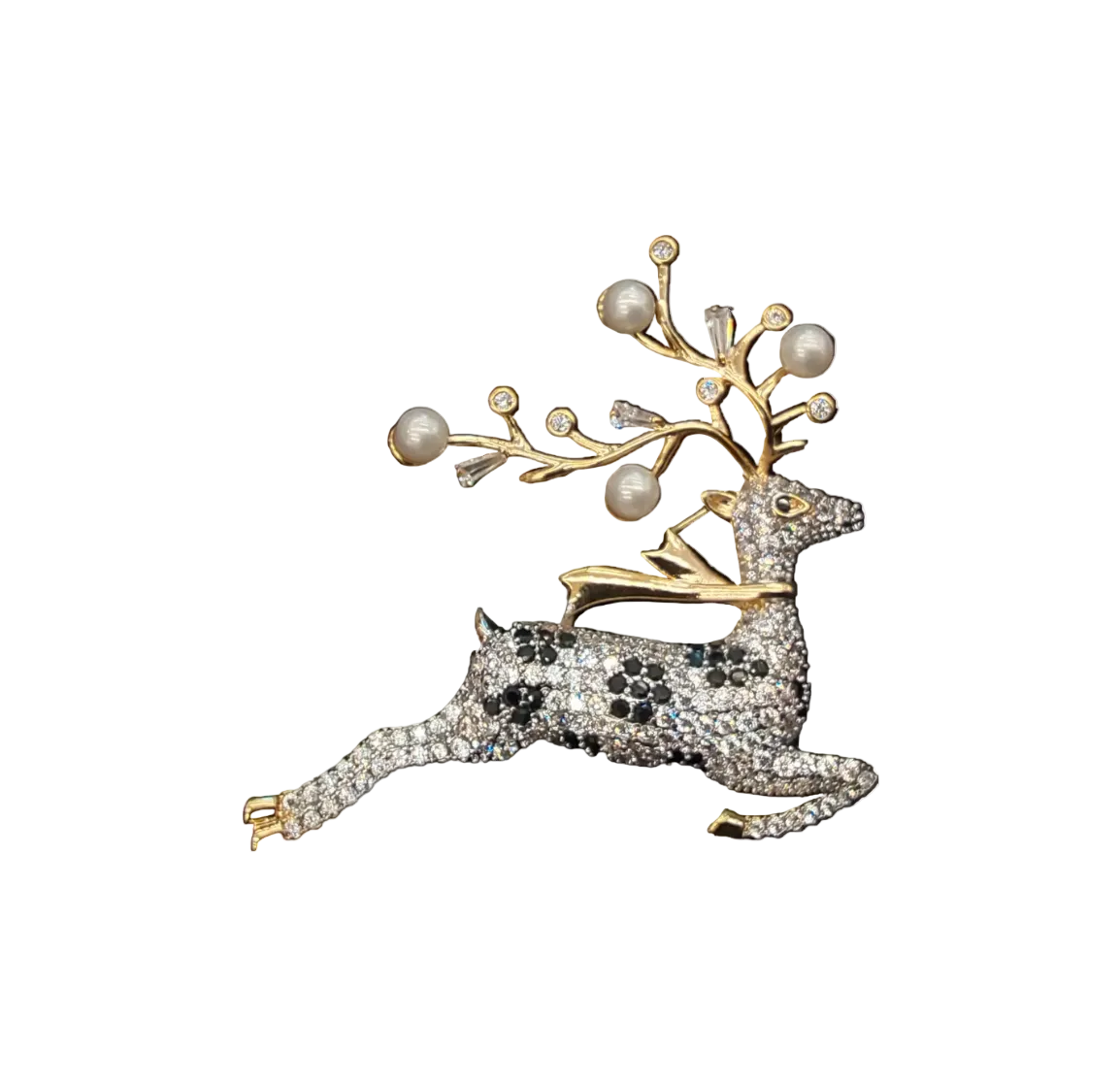 Deer-shaped brooch with pearl antlers, handmade in Europe with Czech crystals