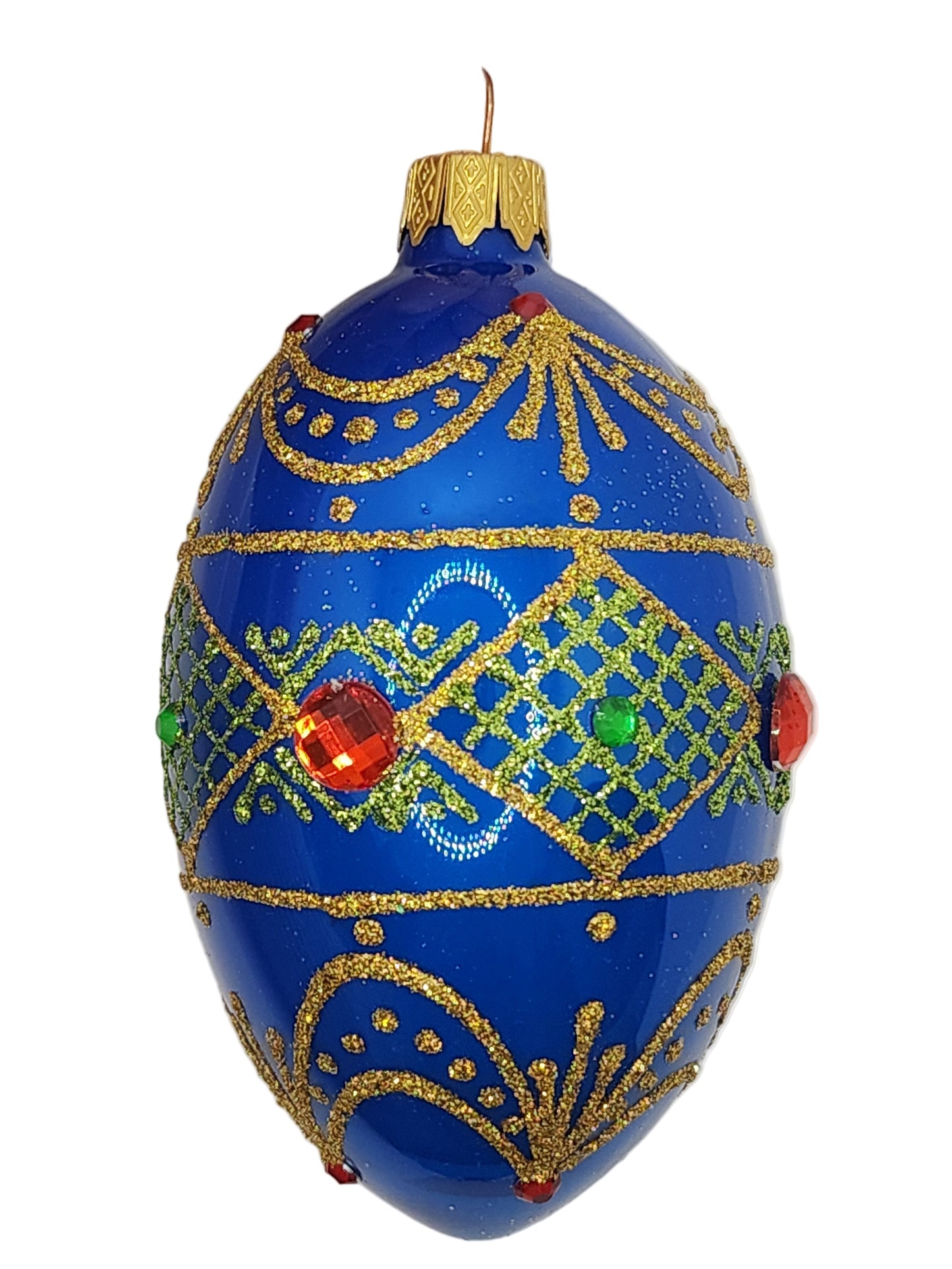 Decorative blue egg with gold and red patterns against a white background