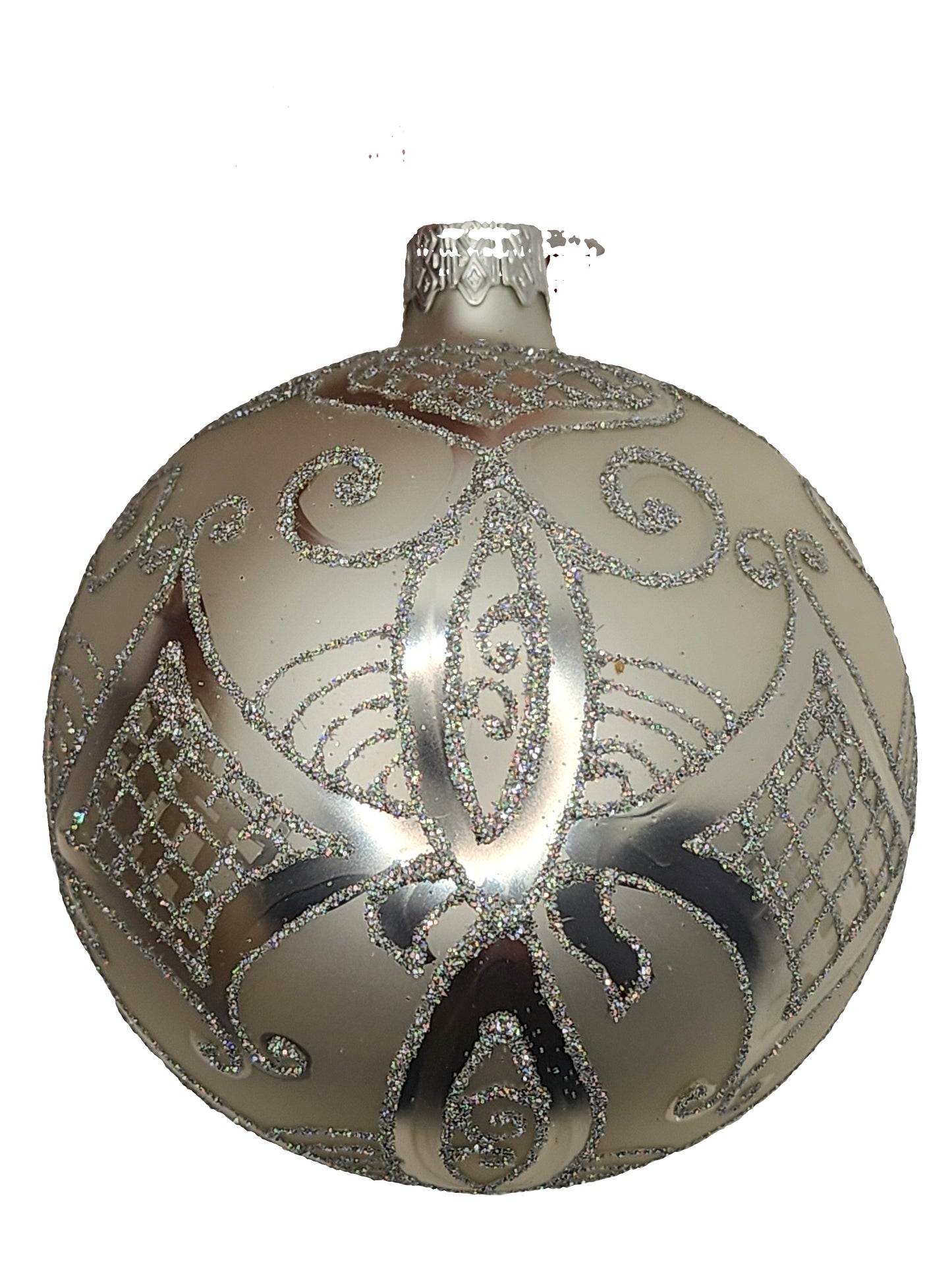 Decorative silver Christmas ball ornament on a white background