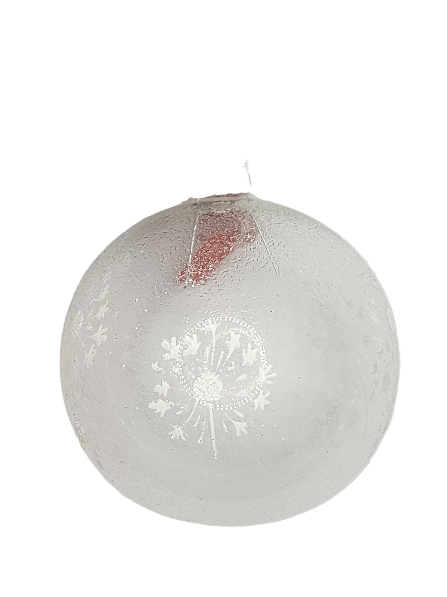 Clear glass ornament with snowflake design against a white background