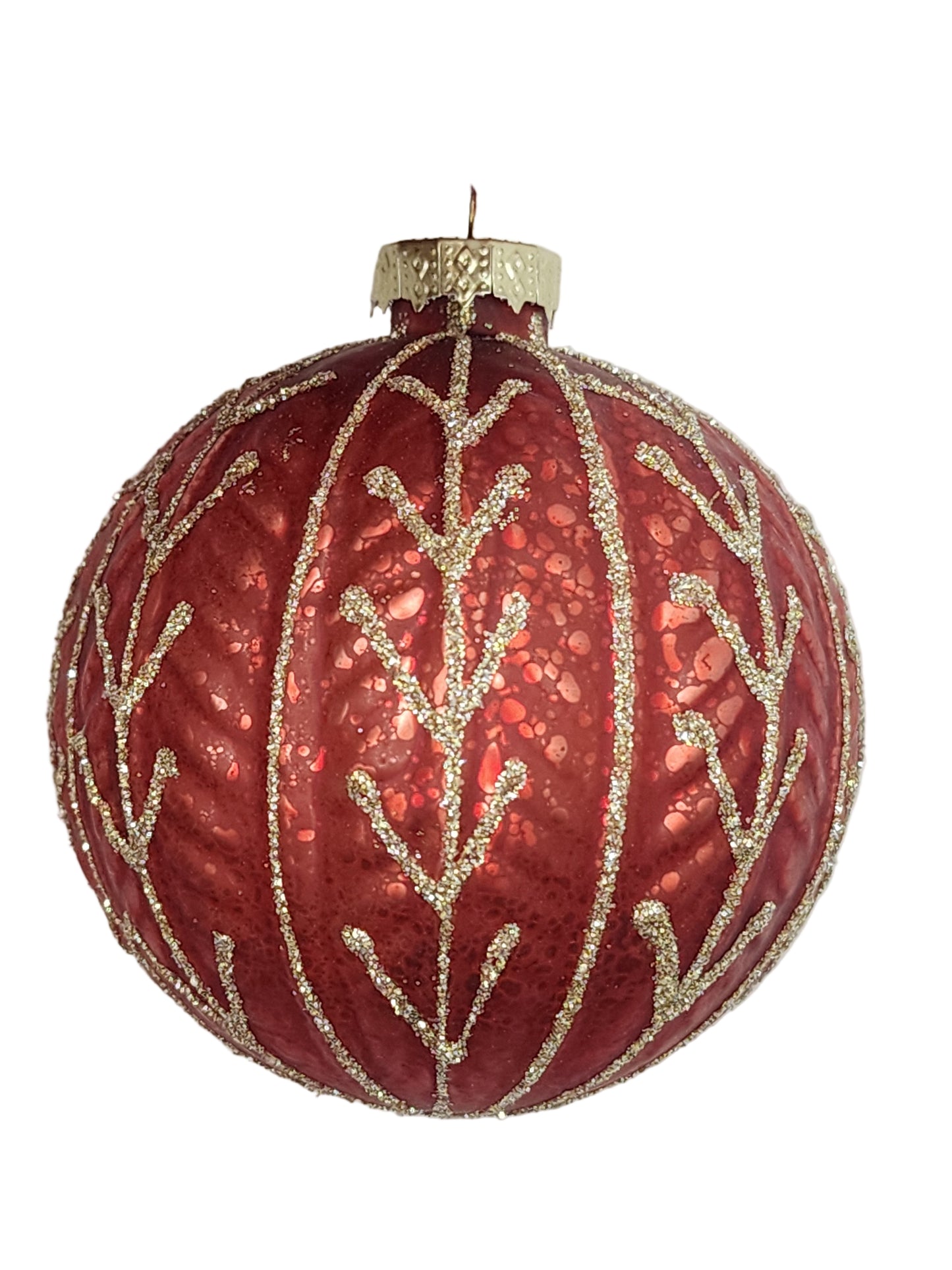 Red Christmas ornament with gold accents on a white background