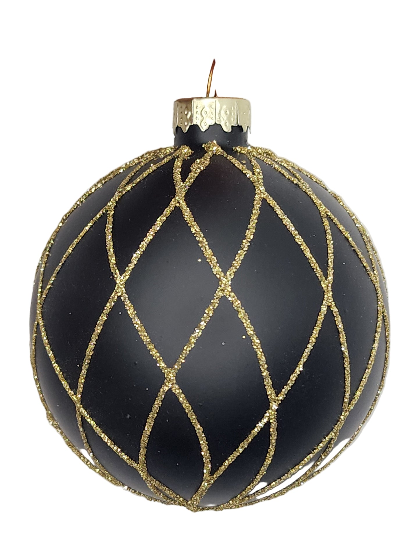 Black ornament with gold glittery pattern against a white background