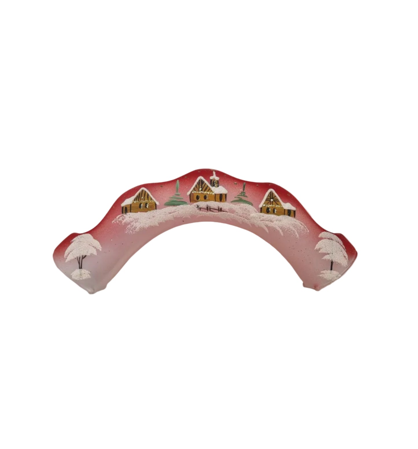 Decorative arch four candle holder with a winter scene design on a red background