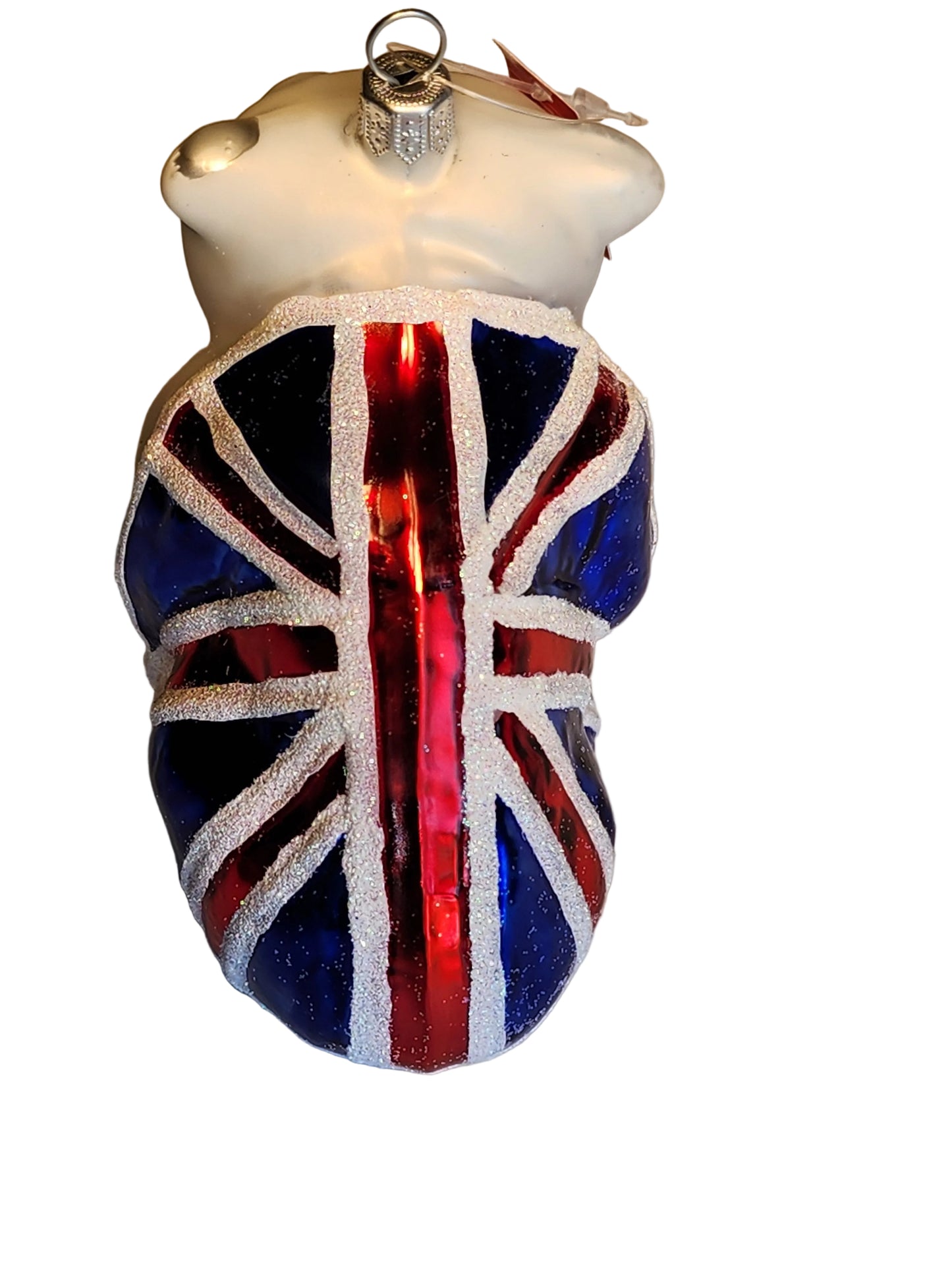 European Glass Christmas ornament of a Dog British Bulldog with British Flag (V)